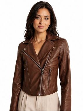 Abercrombie & Fitch Brown Vegan Leather Moto Full Zip Jacket NWOT Size Medium